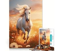 Puzzle de 1000 pièces pour Adultes : Cheval Blanc Courant au Coucher du Soleil Jeu de réflexion Stimulant,découpe Nette,alignement Parfait,activité Amusante en Famille Le Soir (38x52cm)