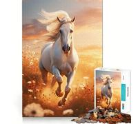 Puzzle de 1000 pièces pour Adultes : Cheval Blanc Courant au Coucher du Soleil Jeu de réflexion Stimulant,découpe Nette,alignement Parfait,activité Amusante en Famille Le Soir (38x26cm)
