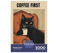 Puzzle De 1000 Pièces pour Adultes Coffee First, People Later Cat Art Puzzles pour Adultes Vacances À La Maison Tue-t-il Le Temps Chaque Pièce Est Unique - Un pour Les Joueurs 38x26cm/100