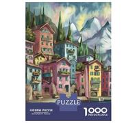 Puzzle De 1000 Pièces pour Adultes Colorful Coastal Village Scene Puzzle Casse-tête Jeu De Rapidité des Mains pour Les Joueurs 38x26cm/1000pcs