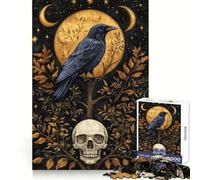Puzzle de 1000 pièces pour Adultes Corbeau Mystique et crâne sous la Lune dorée Jeu de logique et de Stimulation Cognitive Soulagement de l'anxiété Découpe précise Cadeau élégant (50x75cm)