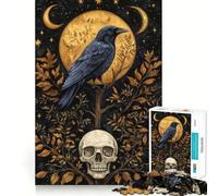 Puzzle de 1000 pièces pour Adultes Corbeau Mystique et crâne sous la Lune dorée Jeu de logique et de Stimulation Cognitive Soulagement de l'anxiété Découpe précise Cadeau élégant (50x75cm)