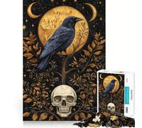 Puzzle de 1000 pièces pour Adultes Corbeau Mystique et crâne sous la Lune dorée Jeu de logique et de détente Bords Lisses Cadeau Original (38x26cm)