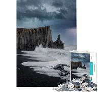 Puzzle de 1000 pièces pour Adultes Côte islandaise spectaculaire avec éclairs Jeu Familial Stimulant et Jouet Anti-Stress (Dimensions 38x26cm)