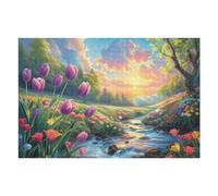 Puzzle De 1000 Pièces pour Adultes Coucher de Soleil Champ de Fleurs 75x50cm Activité Team Building pour Collègues De Bureau Jeu De Groupe Amusant Améliore La Collaboration