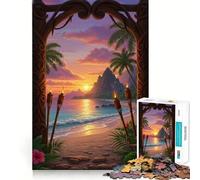 Puzzle de 1000 pièces pour Adultes Coucher de Soleil sur Une Plage Tropicale avec Torches tiki Jeu de logique et d'emboîtement précis Idéal pour des Moments de détente et de Divertissement Cadeau
