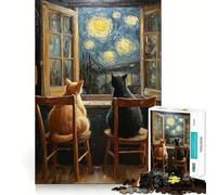 Puzzle de 1000 pièces pour Adultes Couple de Chats contemplant la Nuit étoilée Découpe précise Jeu de loisirss et de résolution de problèmes Amusant Idéal pour Passer Le Temps Décoration de Noël