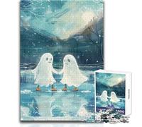 Puzzle de 1000 pièces pour Adultes:Couple de fantômes patinant sur la Glace dans la Neige hivernale Un Passe-Temps paisible et Relaxant Assemblage Parfait Découpe de précision Dimensions:50x75cm