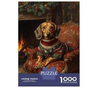 Puzzle De 1000 Pièces pour Adultes Dachshund in Christmas Sweater by Fireplace Cozy Holiday Dog Wall Art Puzzles pour Adultes - Jouets Anti-Stress - Découpe De Précision - Activités Ludiques À La Mai