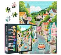 Puzzle de 1000 pièces pour adultes - Dessin animé européen - Ville de conte de fées avec voiture orange - Jeux pour adultes - Difficile - 50,8 x 71,1 cm