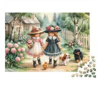 Puzzle de 1000 pièces pour Adultes : Deux Filles colorées se promènent dans Un Jardin. Illustrations Magnifiques. Dimensions : 52 x 38 cm.