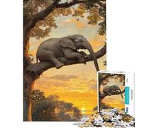 Puzzle de 1000 pièces pour Adultes Éléphant dans Un Arbre au Coucher du Soleil Jeu Familial Anti-Stress pour Les Amis et la Famille (Dimensions 38x26cm)