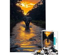 Puzzle de 1000 pièces pour Adultes Éléphant traversant Une rivière au Coucher du Soleil Jeu de réflexion Stimulant la mémoire Idéal comme Cadeau (38x52cm)