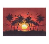 Puzzle de 1000 pièces pour adultes - Éléphants blancs - Cadeaux de la nature - Fleur - Imprimé animal - Coucher de soleil - Palmiers - Ciel orange - 75 x 50 cm