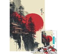 Puzzle de 1000 pièces pour Adultes et Adolescents Temple Japonais Cascade Soleil Rouge Un Jeu de réflexion Stimulant Amusant et Humoristique à partir de 14 Ans (50x75cm)