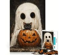 Puzzle de 1000 pièces pour Adultes : Fantôme Mignon et Effrayant, Chat Noir et Citrouille Jeu Intelligent et Relaxant Motif à Assembler 50x75cm