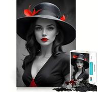 Puzzle de 1000 pièces pour Adultes : Femme au Chapeau Noir et à la Robe Rouge Jeu de concentratione Activité de découpage de Haute précision Moment de Partage et de complicité à Partager
