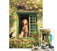 Puzzle de 1000 pièces pour Adultes Fille avec des Chats Devant Une fenêtre Fleurie Jeu de Puzzle Relaxant pour Adultes Décoration Parfaite Cadeau d'anniversaire et Cadeau Unique (Dimensions 50x75cm)