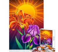 Puzzle de 1000 pièces pour Adultes Fleurs ensoleillées ︰ Iris splendide et lys tigré Jeu éducatif, Cadeau d'anniversaire, Jeux relaxants avec Poster et fiche de Questions Assortis 38x26cm