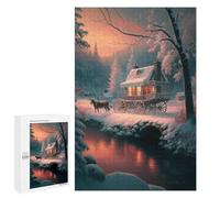 Puzzle de 1000 pièces pour Adultes - Forêt d'hiver et calèche - Vue sur Le lac au Coucher du Soleil - Un Jeu interactif et Amusant pour Toute la Famille, ou Un pour Un ami.26 x 38 cm.