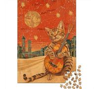 Puzzle De 1000 Pièces pour Adultes Guitar Playing Cat Art Print-3 Puzzles pour Adolescents Jeu De Réflexion Améliore La Mémoire Défi Éducatif 38x26cm/1000pcs