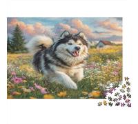 Puzzle de 1000 pièces pour Adultes : Husky coloré dans Un Champ de Fleurs. Décoration Magnifique, idéal pour Le développement cérébral. Dimensions : 38 x 26 cm.
