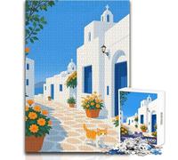 Puzzle de 1000 pièces pour Adultes - Île Grecque, Rue avec Chat - Jeu Stimulant et Difficile - Idée Cadeau - Dimensions : 38x52cm
