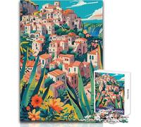Puzzle de 1000 pièces pour Adultes - Illustration Abstraite et Minimaliste d'un Village méditerranéen Italien coloré - Jeu Impossible pour Femmes - Jouet Anti-Stress 50x75cm