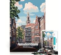 Puzzle de 1000 pièces pour Adultes Illustration de la Ville d'Amsterdam,Pays-Bas Découpe de qualité supérieure Jeu Intelligent Activité ludique et apaisante Cadeau d'anniversaire Jeu Artistique