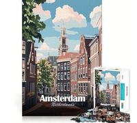 Puzzle de 1000 pièces pour Adultes Illustration du Paysage Urbain d'Amsterdam,Pays-Bas Jeu d'assemblage Facile et Amusant pour se détendre et Passer Un Moment agréable,idéal pour Un Anniversaire