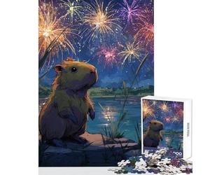 Puzzle de 1000 pièces pour Adultes Illustration d'un Capybara regardant Un feu d'artifice Jeu Anti-Stress pour Femmes et Hommes Activité familiale Amusante à la Maison Dimensions 38x52cm