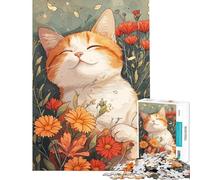 Puzzle de 1000 pièces pour Adultes Illustration d'un Chat Heureux dans des Fleurs Puzzle Anti-Stress pour Adultes Cadeau d'anniversaire idéal pour Toute la Famille (Dimensions 50x75cm)