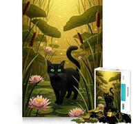 Puzzle de 1000 pièces pour Adultes Illustration d'un Chat Noir dans Un étang aux nénuphars Jeu d'assemblage précis,Cadeau de réflexion,Moment de détente,Cadeau d'anniversaire Amusant (50x75cm)