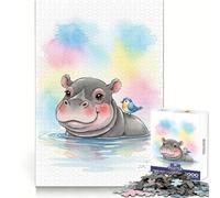 Puzzle de 1000 pièces pour Adultes, Illustration d'un Hippopotame à l'aquarelle et d'un Oiseau Un Passe-Temps intellectuel et paisible, aux découpes nettes, Un Cadeau Unique (50x75cm)