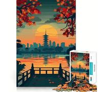 Puzzle de 1000 pièces pour Adultes Illustration d'un Paysage de Coucher de Soleil sur Une pagode Japonaise Bords Nets Activité cérébrale Amusante et Facile Cadeau d'anniversaire idéal (50x75cm)