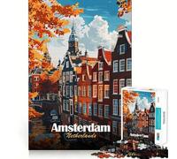 Puzzle de 1000 pièces pour Adultes Illustration d'un Paysage Urbain d'automne à Amsterdam,Pays-Bas Travail Manuel de précision Jeu de réflexion Amusant et Relaxant Cadeau d'anniversaire idéal 38x52cm