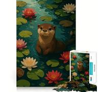 Puzzle de 1000 pièces pour Adultes, Illustration d'une Loutre dans Un étang aux nénuphars, pour Un Moment de détente et de Plaisir Assemblage d'image idéal Cadeau Parfait (50x75cm)