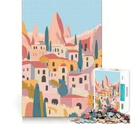 Puzzle de 1000 pièces pour Adultes Illustration Minimaliste d'un Village de Turquie aux Couleurs Pastel Découpe Impeccable Jeu de Concentration Cadeau Gratuit Idée Cadeau d'anniversairee