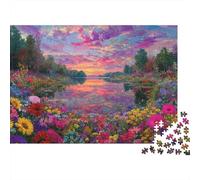 Puzzle de 1000 pièces pour Adultes : Jardin au Coucher du Soleil, Champ de Fleurs coloré, reflet du Soleil couchant. Magnifiquement illustré. Un défi Stimulant. Dimensions : 52 x 38 cm.