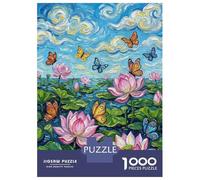 Puzzle De 1000 Pièces pour Adultes Lotus Flowers and Butterflies Painting Jeu De Réflexion Casse-tête Décoration Intérieure Cadeaux Uniques d'anniversaire Et De Noël 38x26cm/1000pcs
