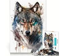 Puzzle de 1000 pièces pour Adultes Loup à l'aquarelle Jeu de Concentration mentale Découpe Laser de qualité supérieure Activité Amusante en Famille Activité Nocturne (38x26cm)