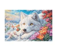 Puzzle De 1000 Pièces pour Adultes Loup Blanc Champ de Fleurs 75x50cm Niveau Expert Puzzle Stimulant Idéal pour Collectionneurs Entraînement Pensée Logique