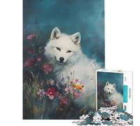 Puzzle de 1000 pièces pour Adultes Loup Blanc dans Les Fleurs Jeu d'analyse et de logique Complexe et Stimulant (38x52cm)