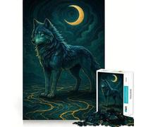 Puzzle de 1000 pièces pour Adultes Loup Bleu sous Croissant de Lune Illustration Finement découpée,Jeu de Concentration,Jeu Calme,activité d'anniversaire (38x26cm)