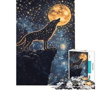 Puzzle de 1000 pièces pour Adultes Loup étoilé Hurlant à la Lune dorée Jeu de Manipulation Amusant et Humoristique Cadeau d'anniversaire Original (Dimensions 38x52cm)