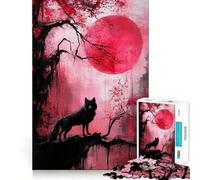 Puzzle de 1000 pièces pour Adultes Loup sous la Lune Rouge Jeu de Concentration mentale Découpe Laser de qualité supérieure Activité familiale Amusante en soirée (50x75cm)
