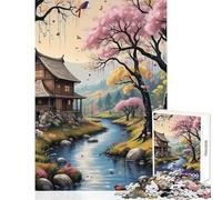 Puzzle de 1000 pièces pour Adultes Maison Japonaise au Bord d'une rivière avec des cerisiers en Fleurs Jeu Pratique pour Toute la Famille Décoration Murale Entraîne Ton Cerveau et ta dextérité