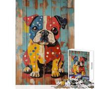 Puzzle de 1000 pièces pour Adultes Motif Bouledogue coloré sur Planches de Bois Jeu Pratique pour Femmes (38x26cm)