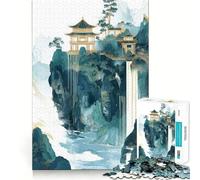 Puzzle de 1000 pièces pour Adultes,Motif Cascade et pagode Jeu de logique,découpe de précision,Bords Lisses pour Les réunions de Famille (38x52cm)