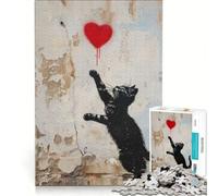 Puzzle de 1000 pièces pour Adultes, Motif Chat et cœur inspiré de Banksy, Jeu Relaxant, Difficile et Stimulant, Cadeau d'anniversaire ou Autre Cadeau Unique 38x26cm